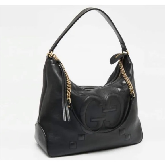 GUCCI BLACK LEATHER EMBOSSED APOLLO LOGO HOBO SHOULDER/TOTE BAG/GOLD CHAIN NWT - Picture 3 of 10